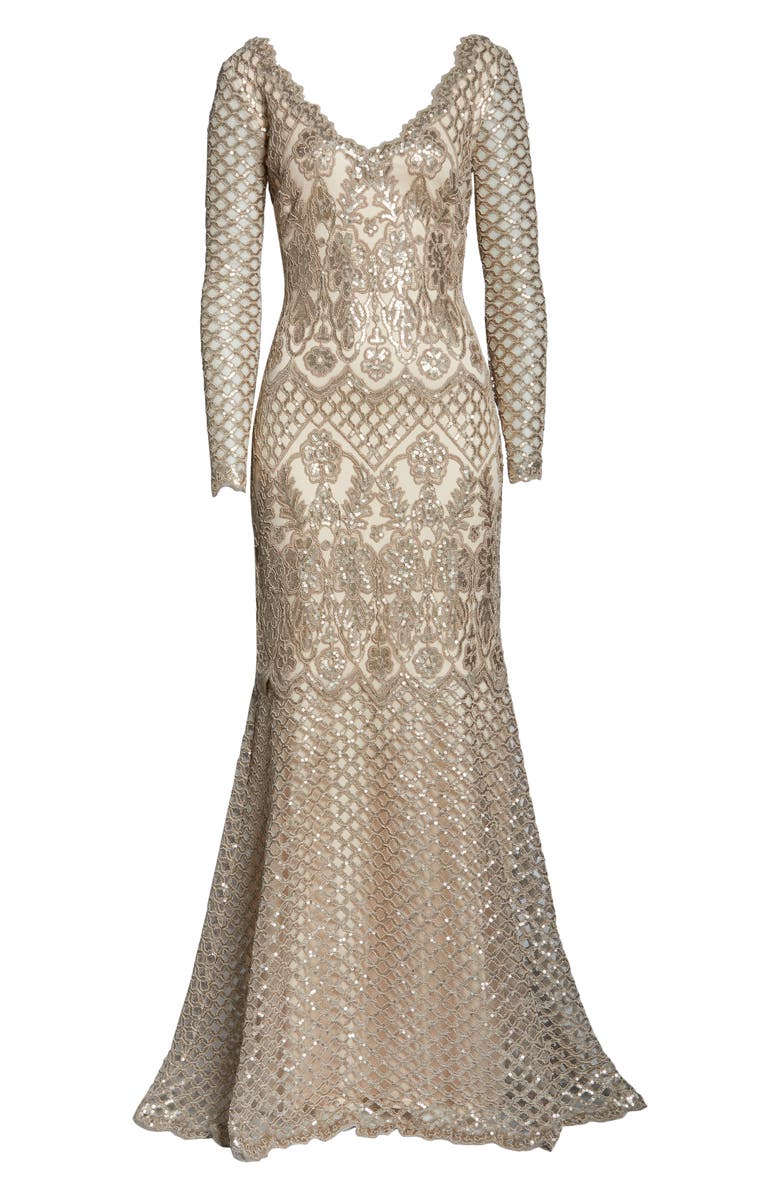 Tadashi Shoji Sequin Lace Long Sleeve Trumpet Gown, Alternate, color,