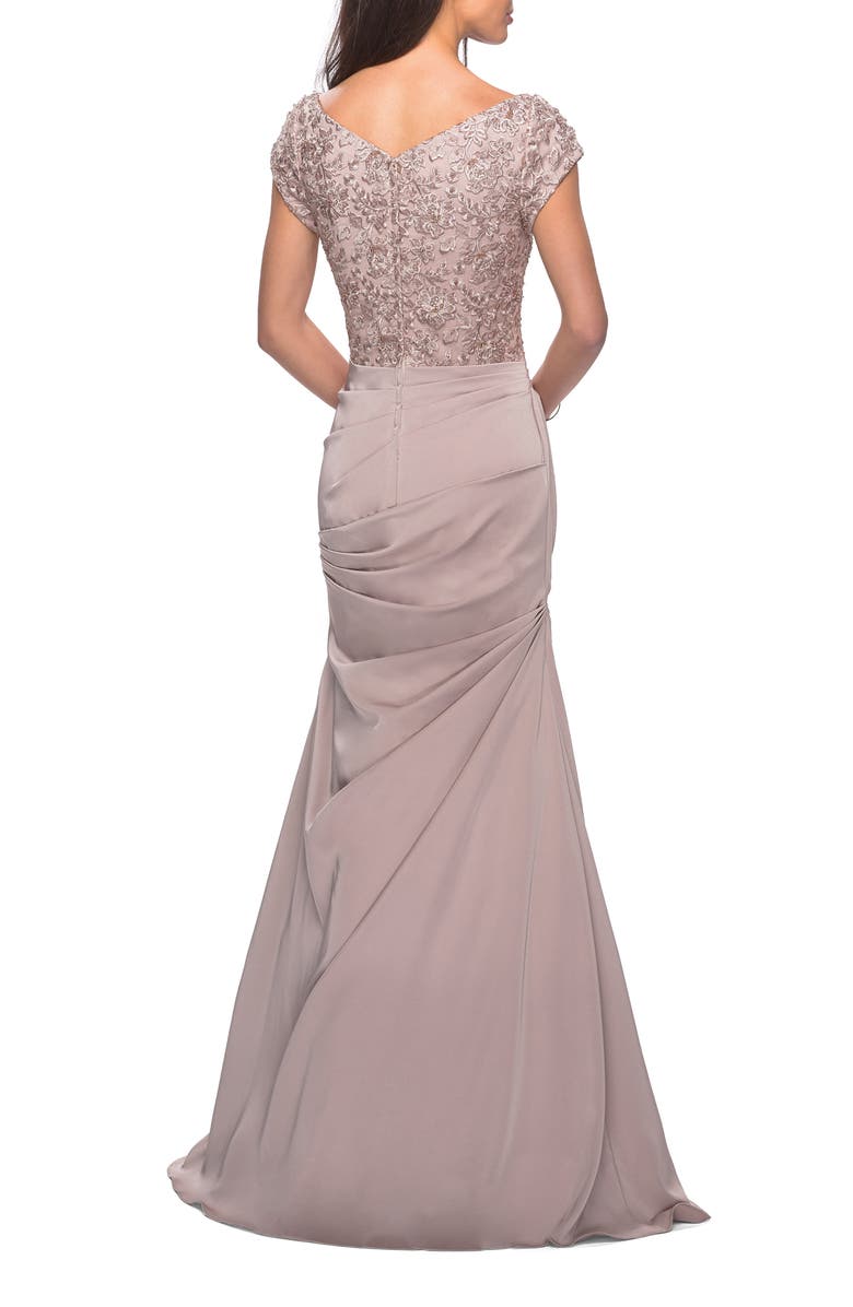 La Femme Long Jersey Ruched Dress with Embellished Top, Alternate, color, Champagne