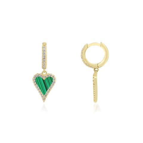 Mini Malachite CZ Halo Heart Dangle Earrings