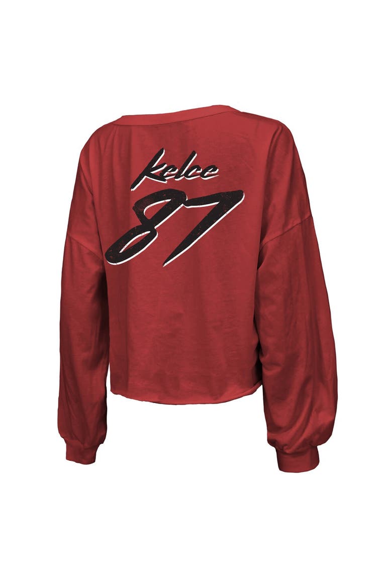 Women's Majestic Threads Travis Kelce Red Kansas City Chiefs Super Bowl LVIII Player Name & Number Off-Shoulder Cropped Long Sleeve V-Neck T-Shirt, Alternate, color, Red