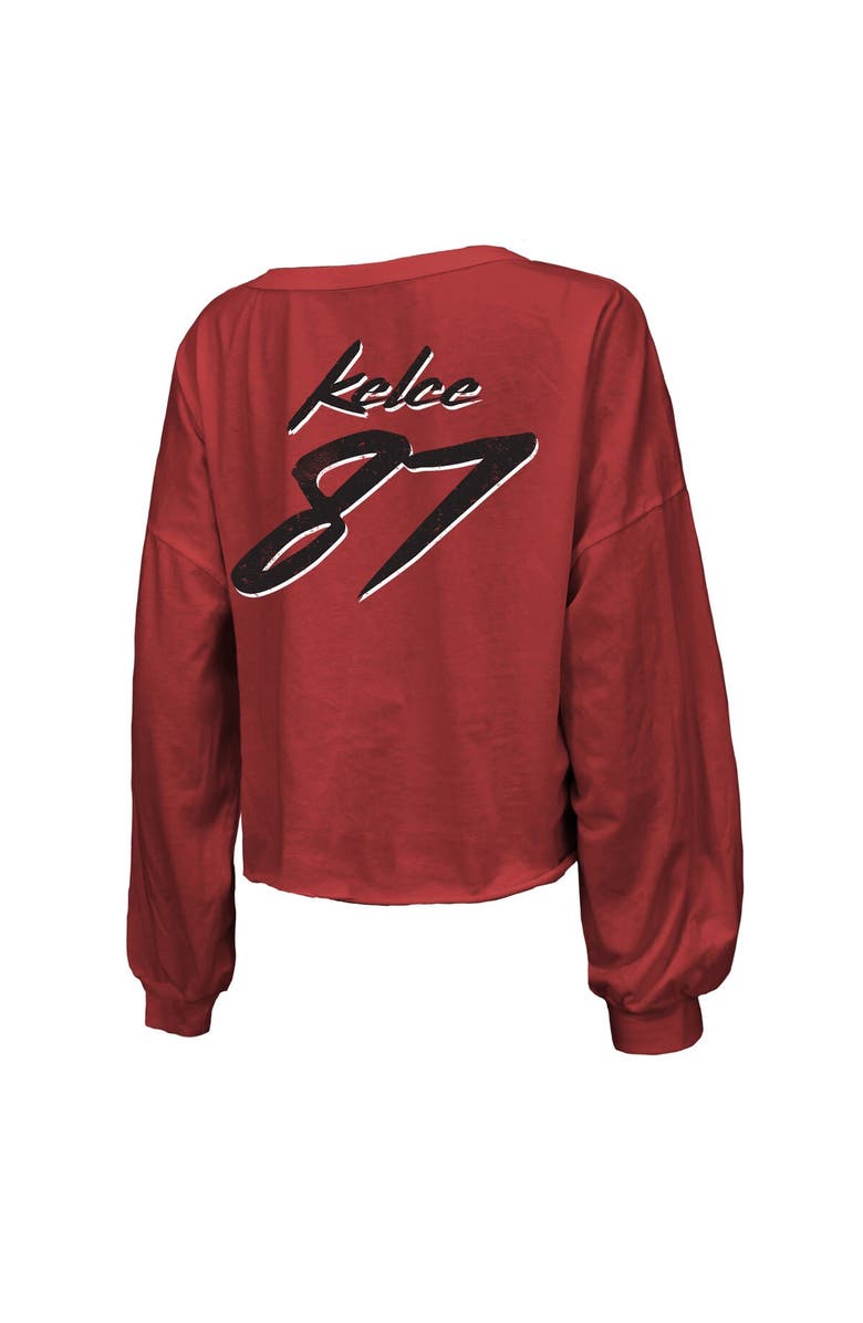 Majestic Threads Women's Majestic Threads Travis Kelce Red Kansas City Chiefs Super Bowl LVIII Player Name & Number Off-Shoulder Cropped Long Sleeve V-Neck T-Shirt, Alternate, color,