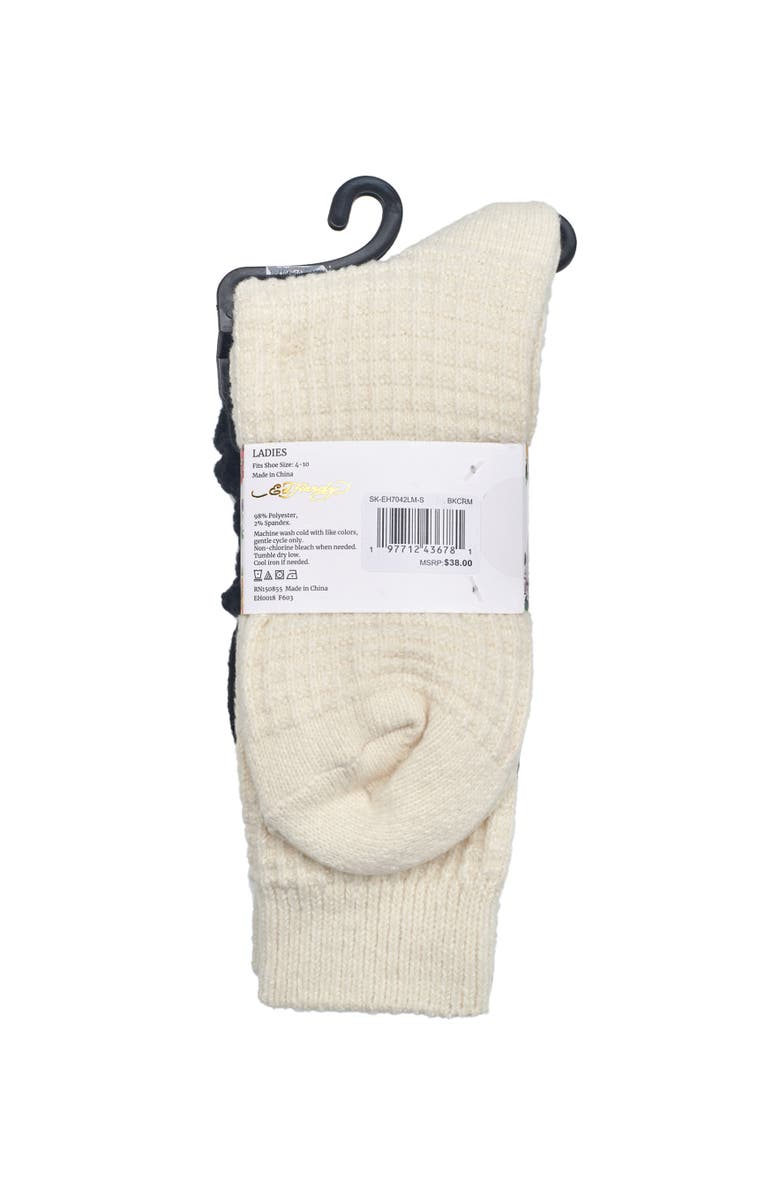 Ed Hardy Womens Rose Embroidery Waffle Knit Slouchy Sock 2-Pack, Alternate, color, Black/Cream