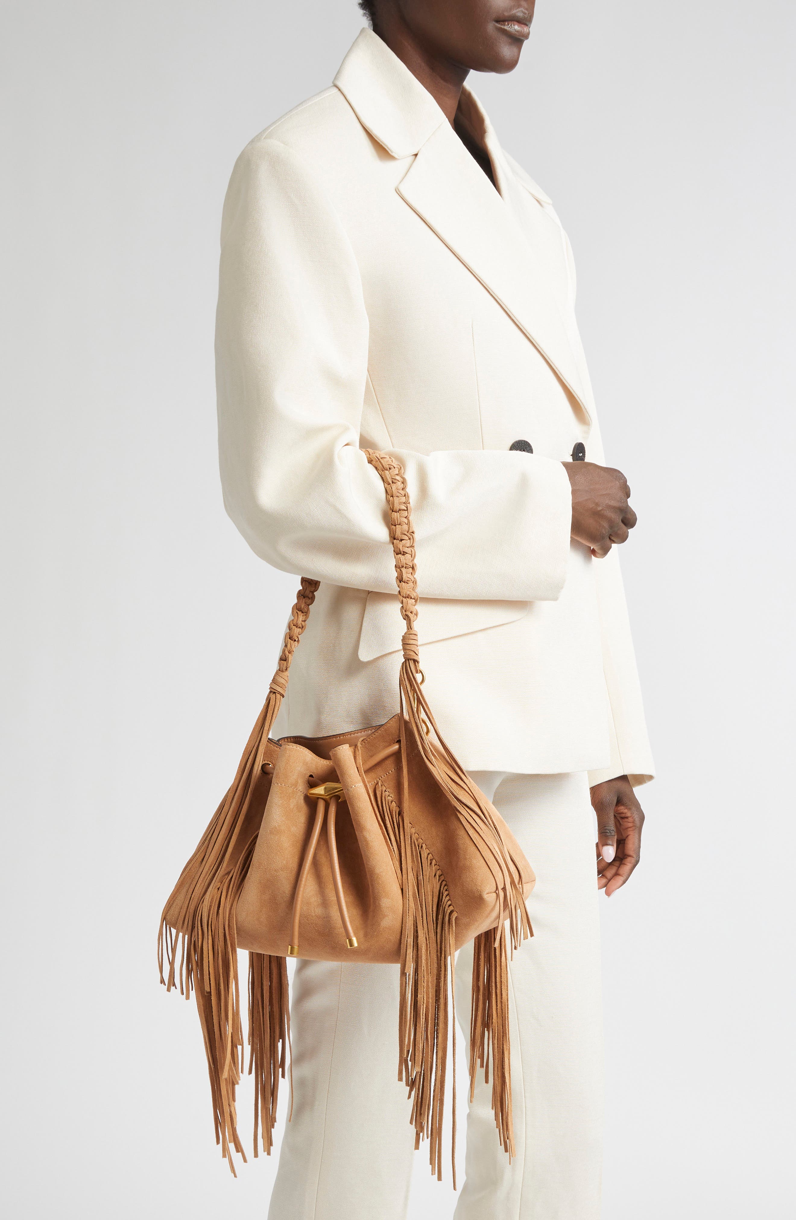 Jimmy Choo Bon Bon Fringe East/West Bucket Bag, Alternate, color, Toffee/ Toffee/ Gold