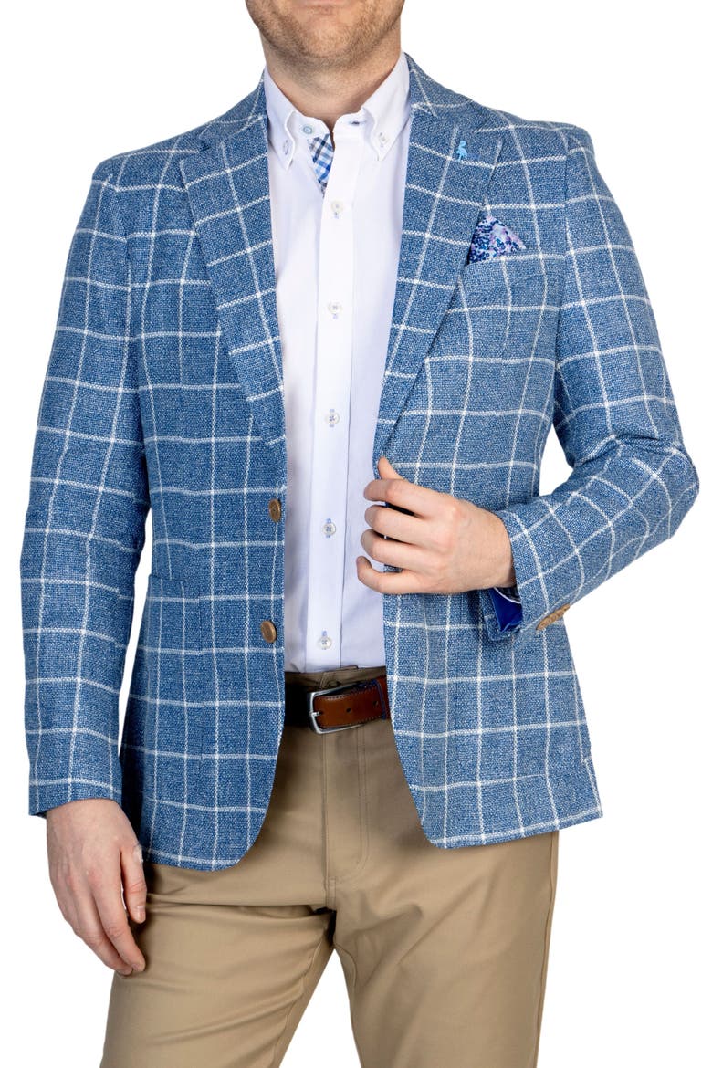 Blue Windowpane Notch Lapel Linen Blend Sport Coat, Main, color, PRUSSIAN BLUE