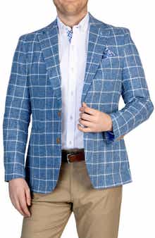 TailorByrd Blue Windowpane Notch Lapel Linen Blend Sport Coat
