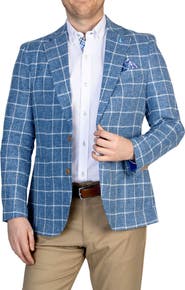 TailorByrd Blue Windowpane Notch Lapel Linen Blend Sport Coat