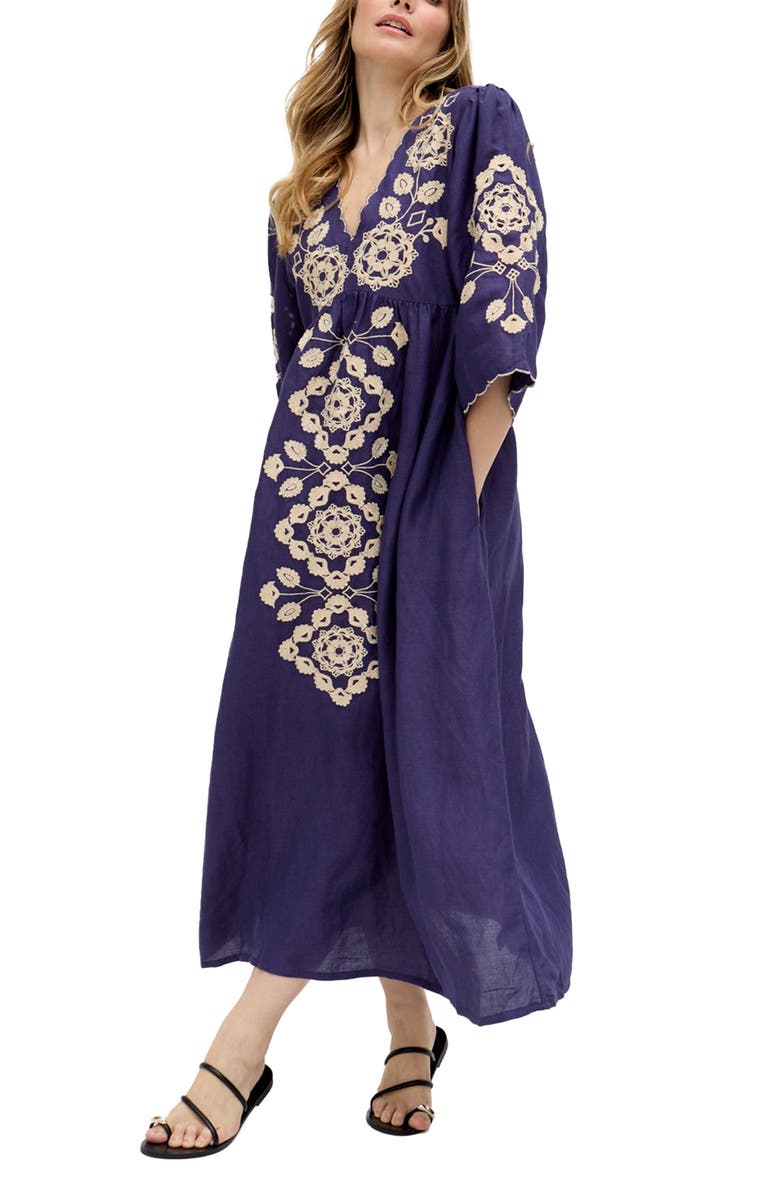 Raffya Arianna V- Neck Embroidered Maxi Dress, Main, color, Navy