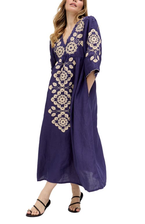 Raffya Arianna V- Neck Embroidered Maxi Dress In Blue