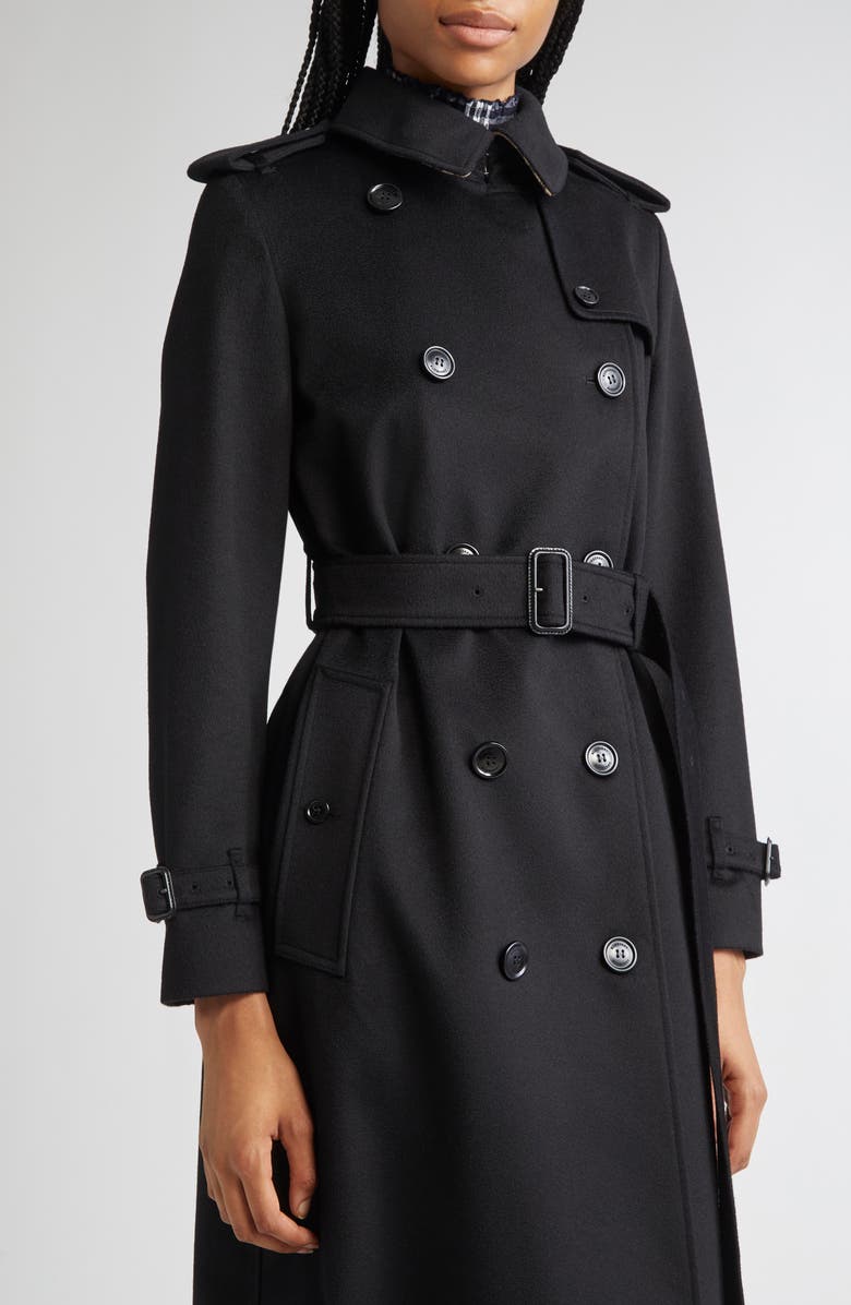Burberry Kensington Belted Waterproof Cashmere Trench Coat, Alternate, color, Black