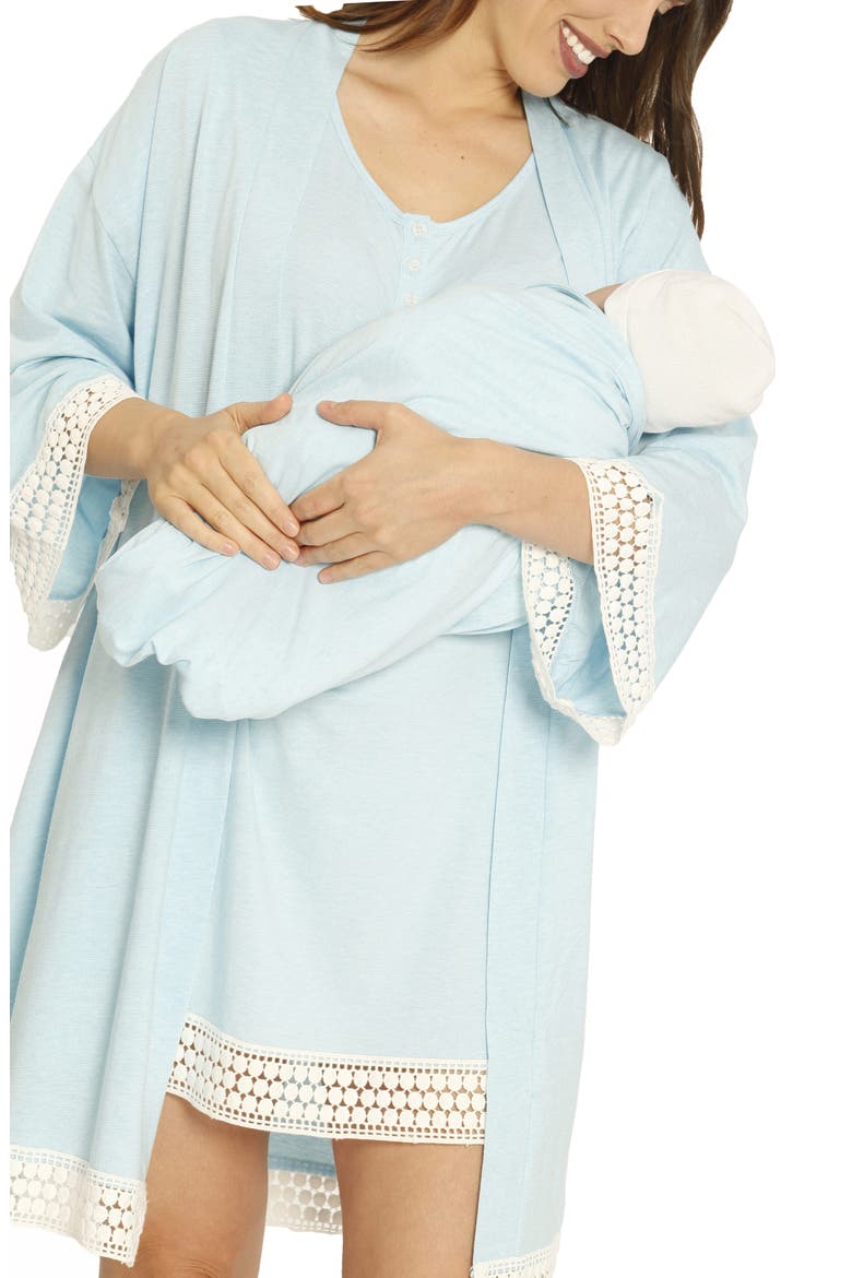 Ruby Maternity/Nursing Sleep Shirt, Robe & Baby Blanket Set, Alternate, color, BLUE