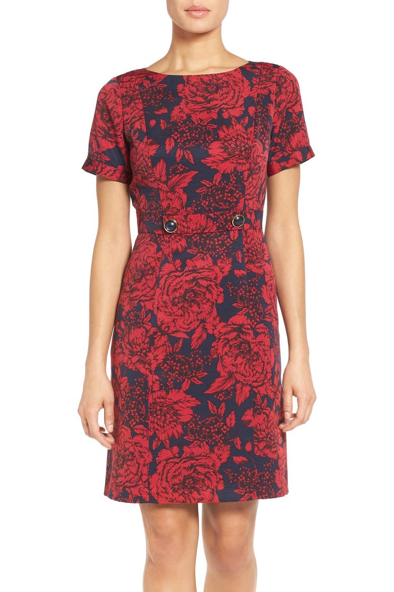 Embellished Jacquard Sheath Dress, Main, color, CHERRY/ NAVY