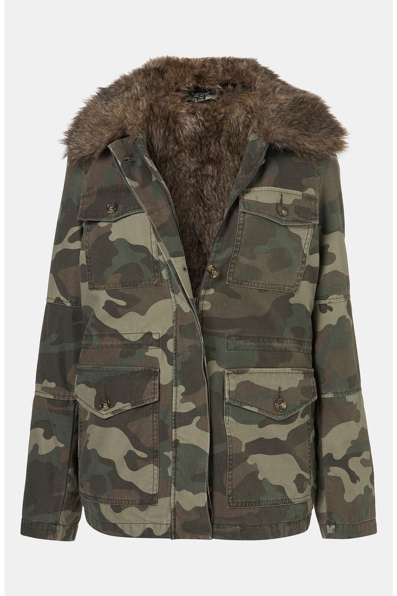 Faux Fur Lined Camo Utility Jacket, Main, color, KHAKI