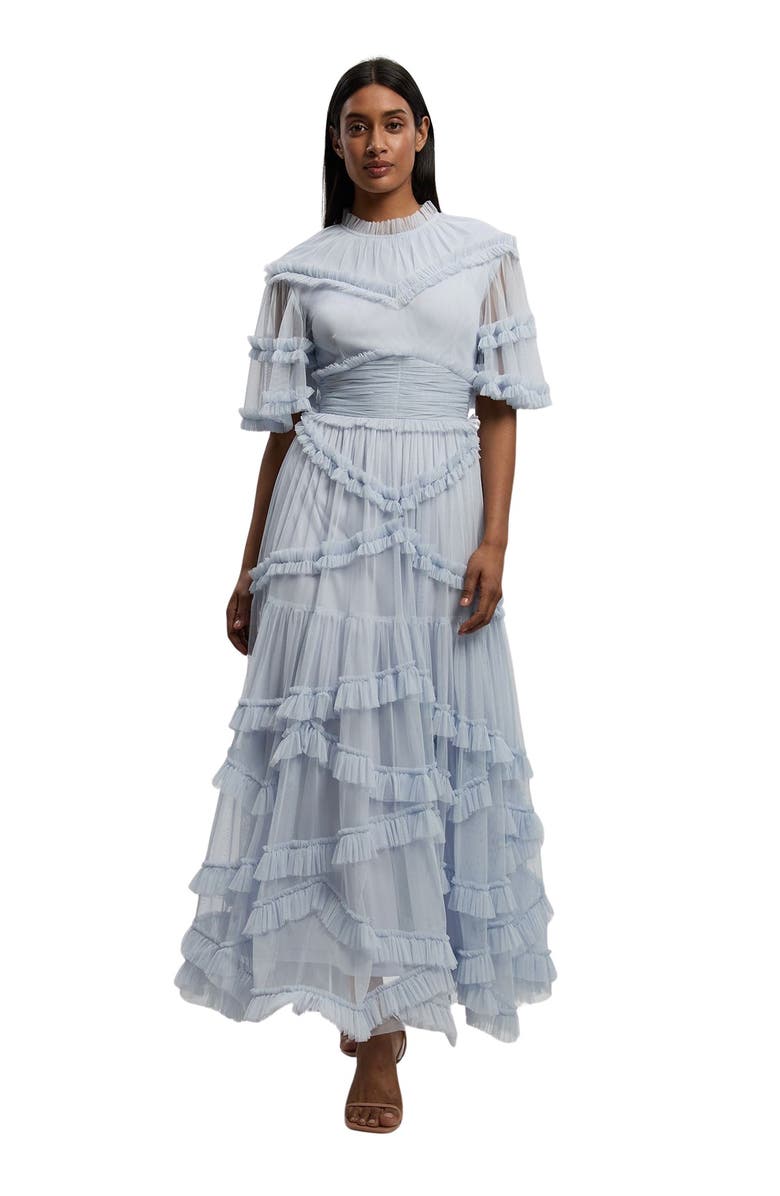 Karen Millen Tulle Ruffle Detail Woven Maxi Dress, Main, color, Ice Blue