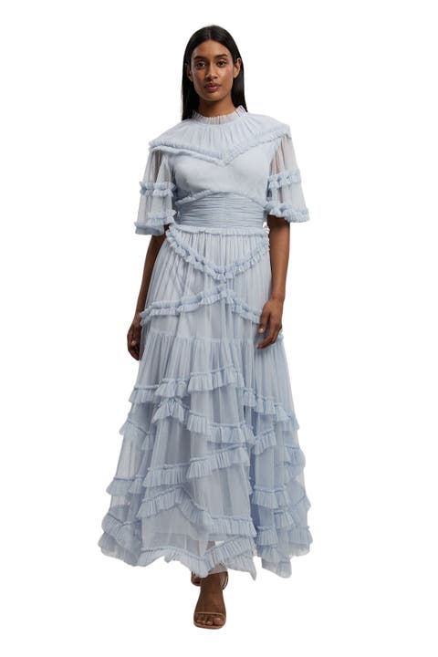 Tulle Ruffle Detail Woven Maxi Dress