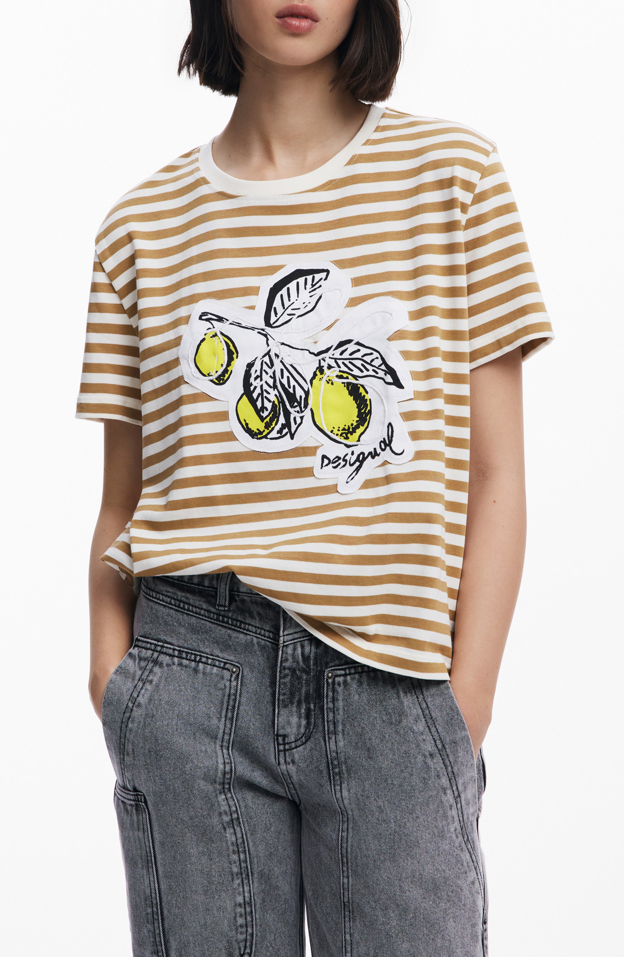 Desigual Stripe Lemon Appliqué Cotton Graphic T-Shirt