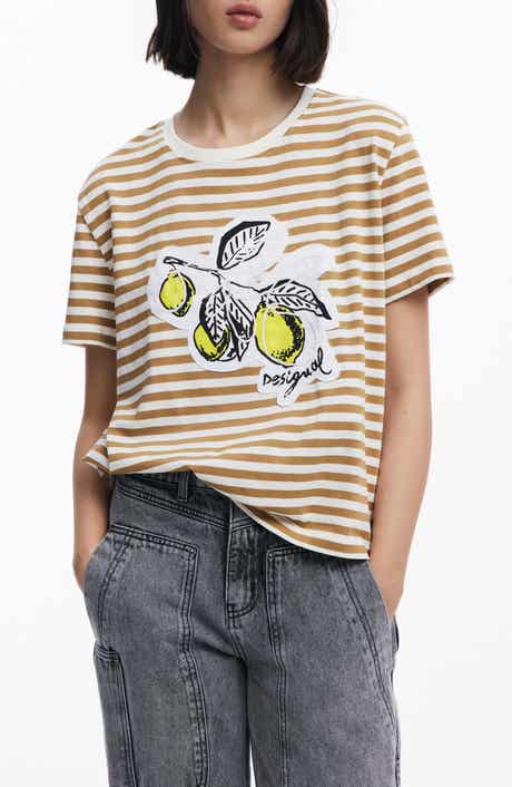 Desigual Stripe Lemon Appliqué Cotton Graphic T-Shirt