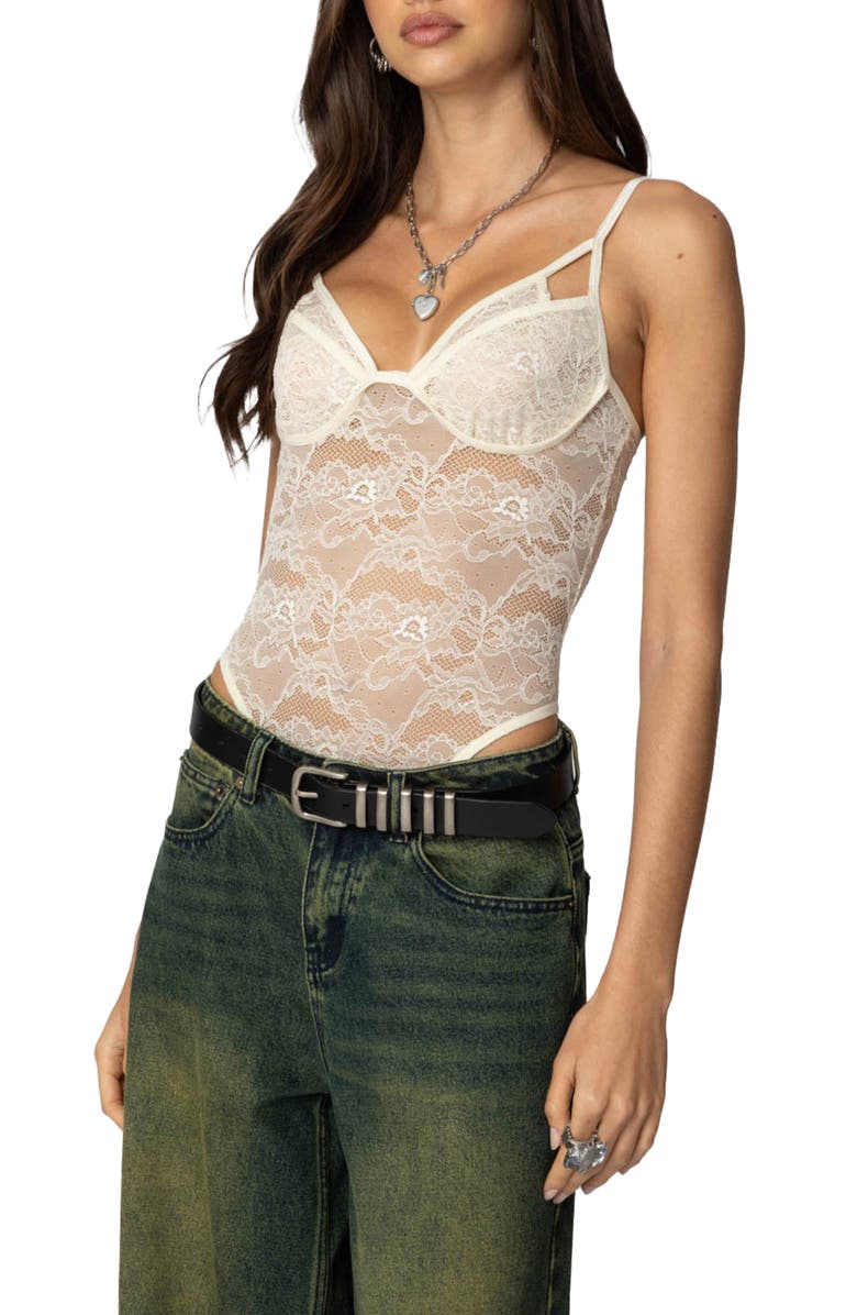 EDIKTED Cutout Lace Bodysuit, Alternate, color, Cream