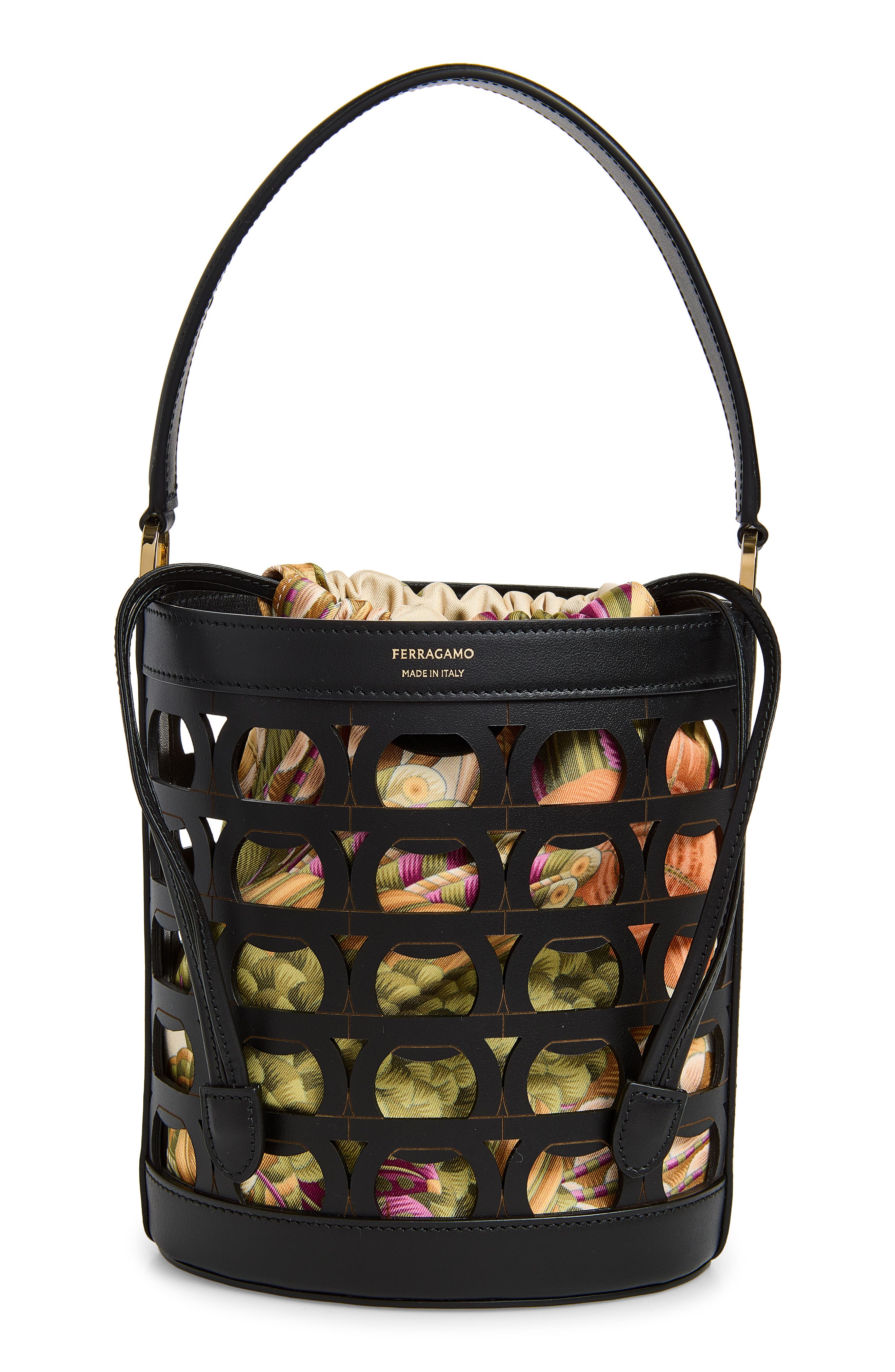 Gancio Leather Bucket Bag, Main, color, NERO NERO PAPPAGALLI