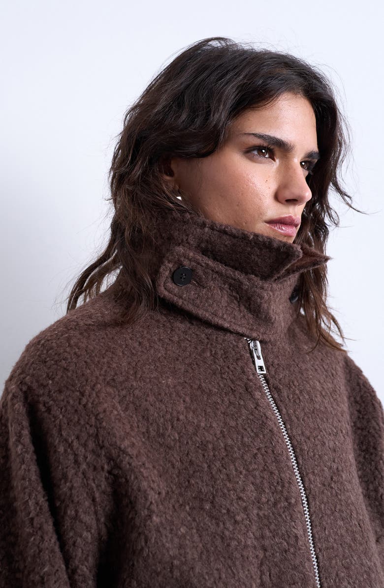 Topshop Tab Bouclé Bomber Jacket, Alternate, color, Chocolate