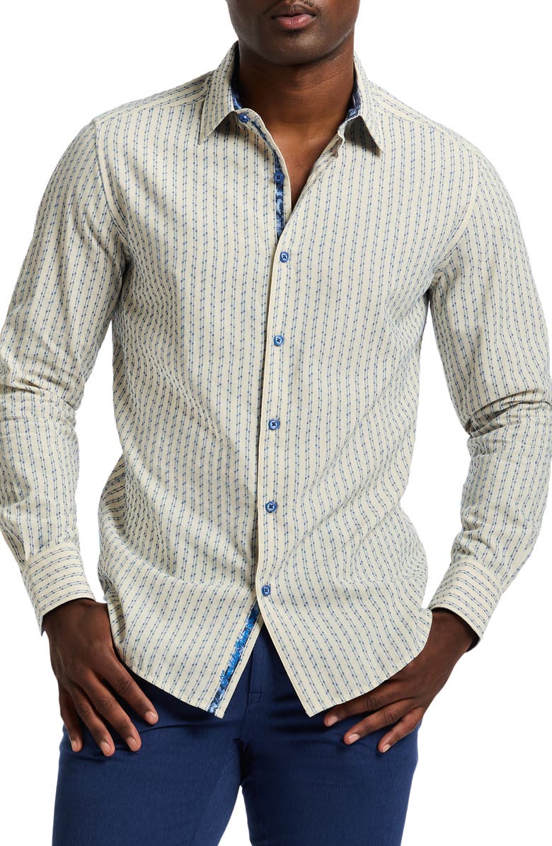 Robert Graham Senegal Classic Fit Stripe Organic Cotton & Linen Button-Up Shirt, Main, color, 