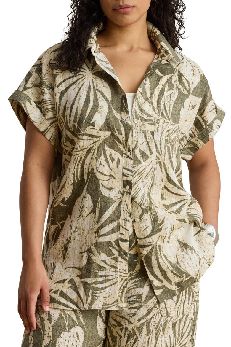 Tropical Print Short Sleeve Linen Shirt, Alternate, color, FARM OLIVE GREEN