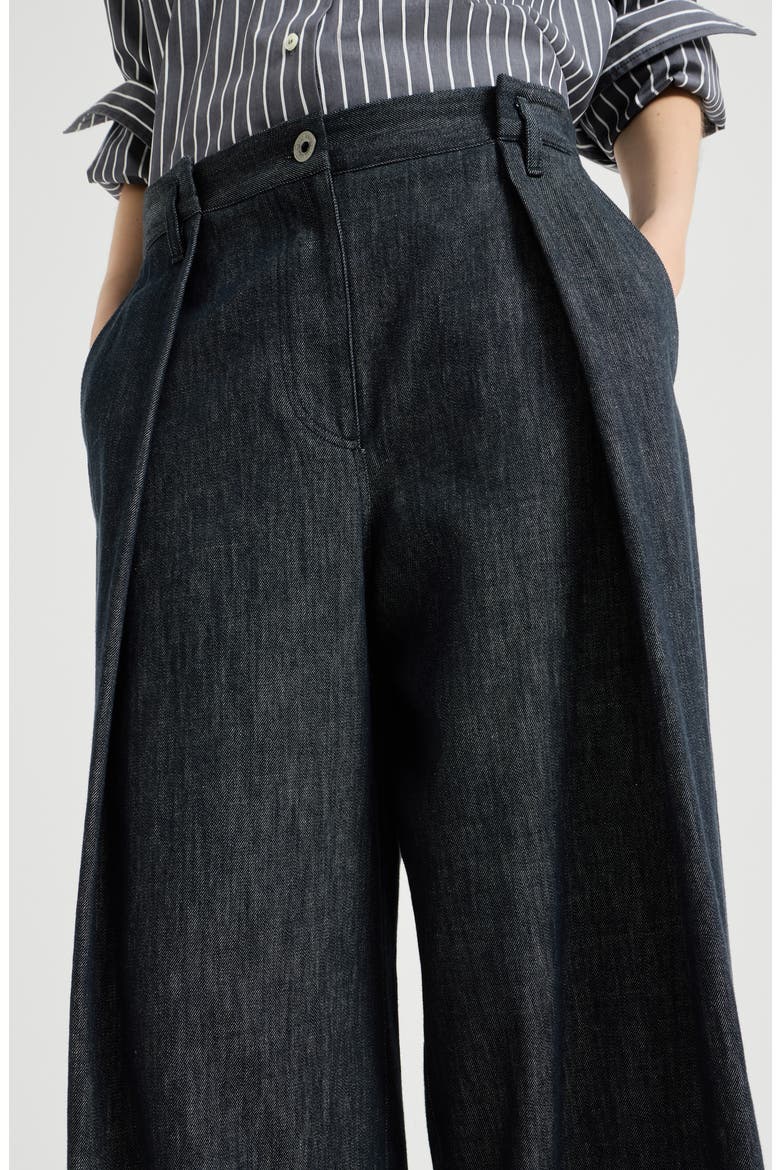 Denim-effect twill pleated A-line trousers with shiny loop, Alternate, color, Denim
