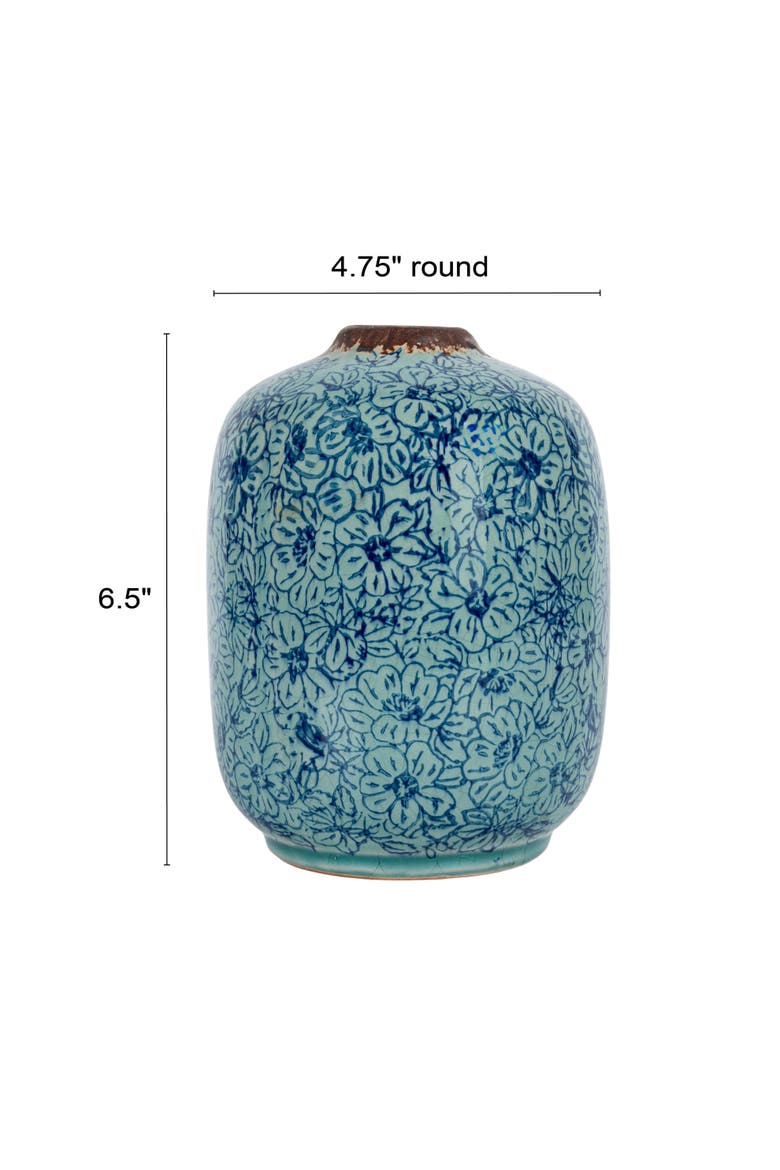 Decorative Round Terra-cotta Vase with Floral Pattern with Distressed Finish, Blue, Alternate, color, Blue