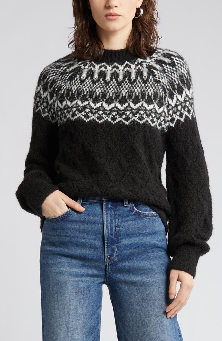 Wit & Wisdom Fair Isle Pointelle Sweater, Alternate, color, Black/ Off White