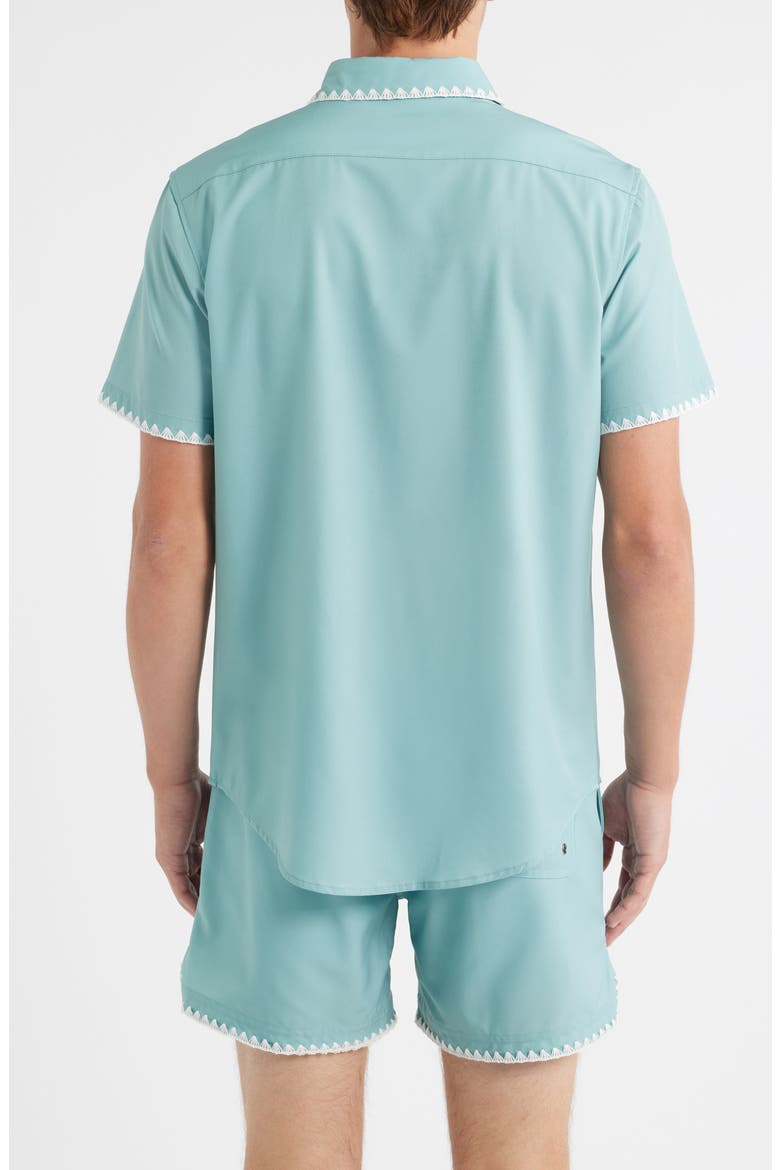 Crochet Trim Short Sleeve Performance Button-Up Shirt, Alternate, color, BLUE