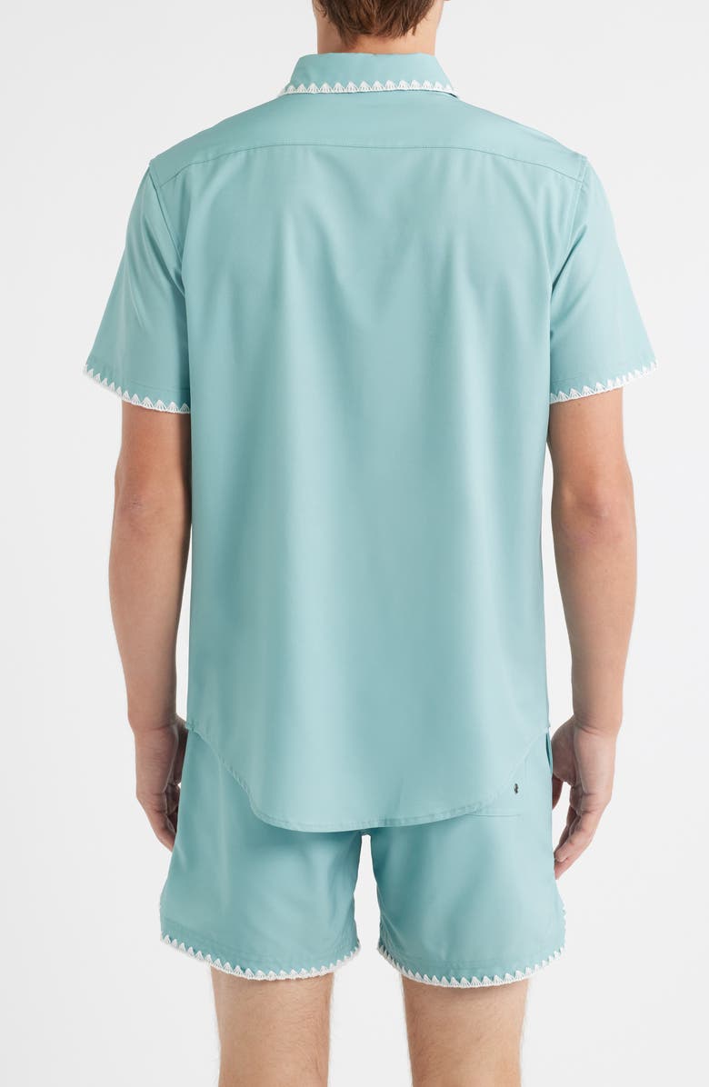 MAVRANS Crochet Trim Short Sleeve Performance Button-Up Shirt, Alternate, color, Blue