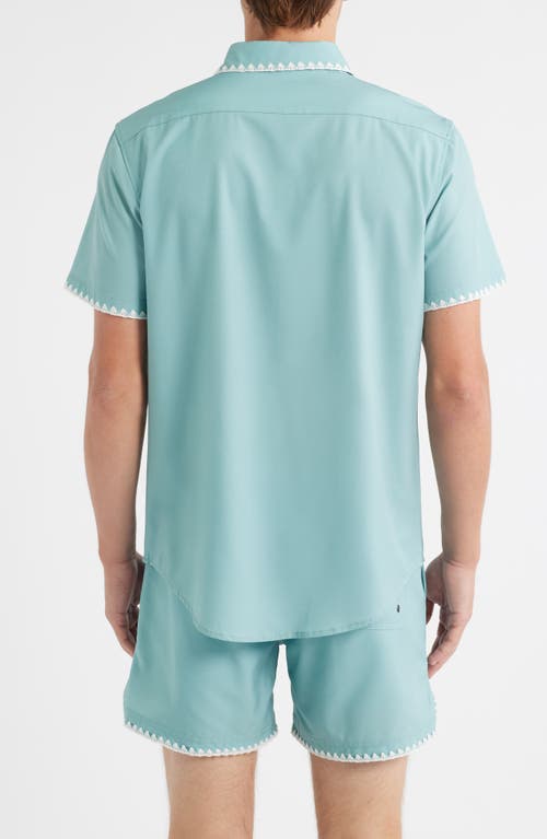 Mavrans Crochet Trim Short Sleeve Performance Button-up Shirt In Blue