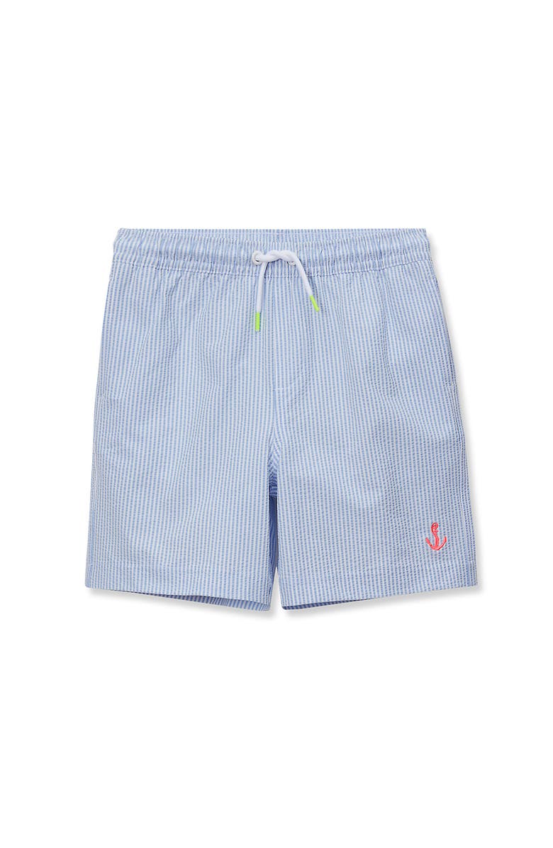 Lands' End Boys Chlorine Resistant Seersucker Swim Trunks with Mesh Liner, Main, color, Light Blue Stripe