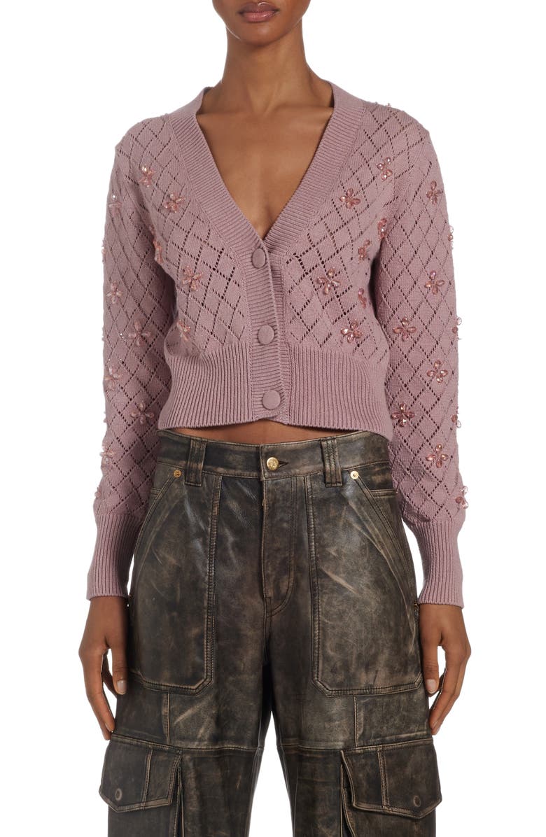 Golden Goose Embellished Pointelle Crop Cotton V-Neck Cardigan, Main, color, Twilight Mauve