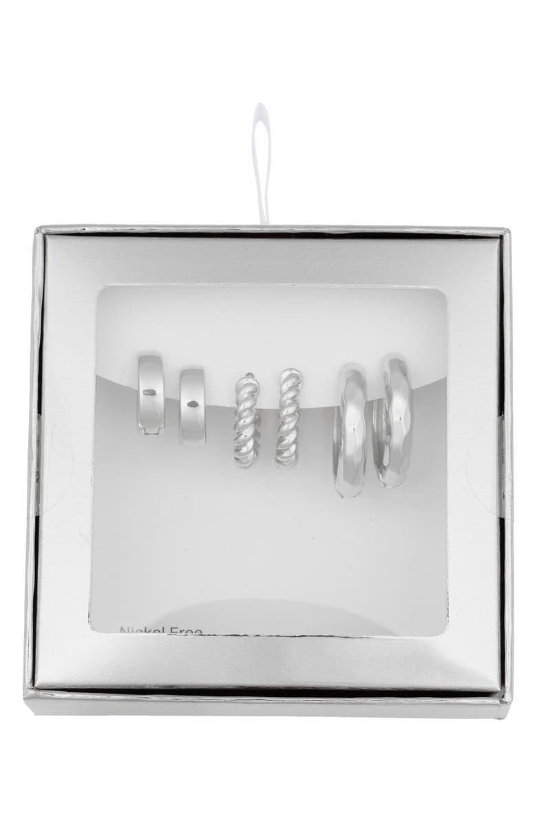 NORDSTROM RACK 3-Pack Assorted Essential Huggie Hoop Earrings, Main, color, Silver