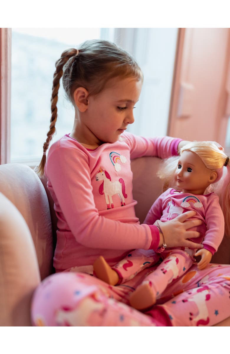Leveret Girls 2-pc. Cotton Pajamas with Matching Doll Accessory - Unicorn & Fantasy Prints, Alternate, color, Unicorn Pink