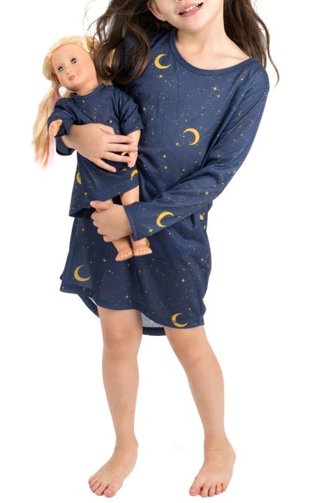 Girls Long Sleeve Nightgown with Matching Doll Nightgown, Printed Design