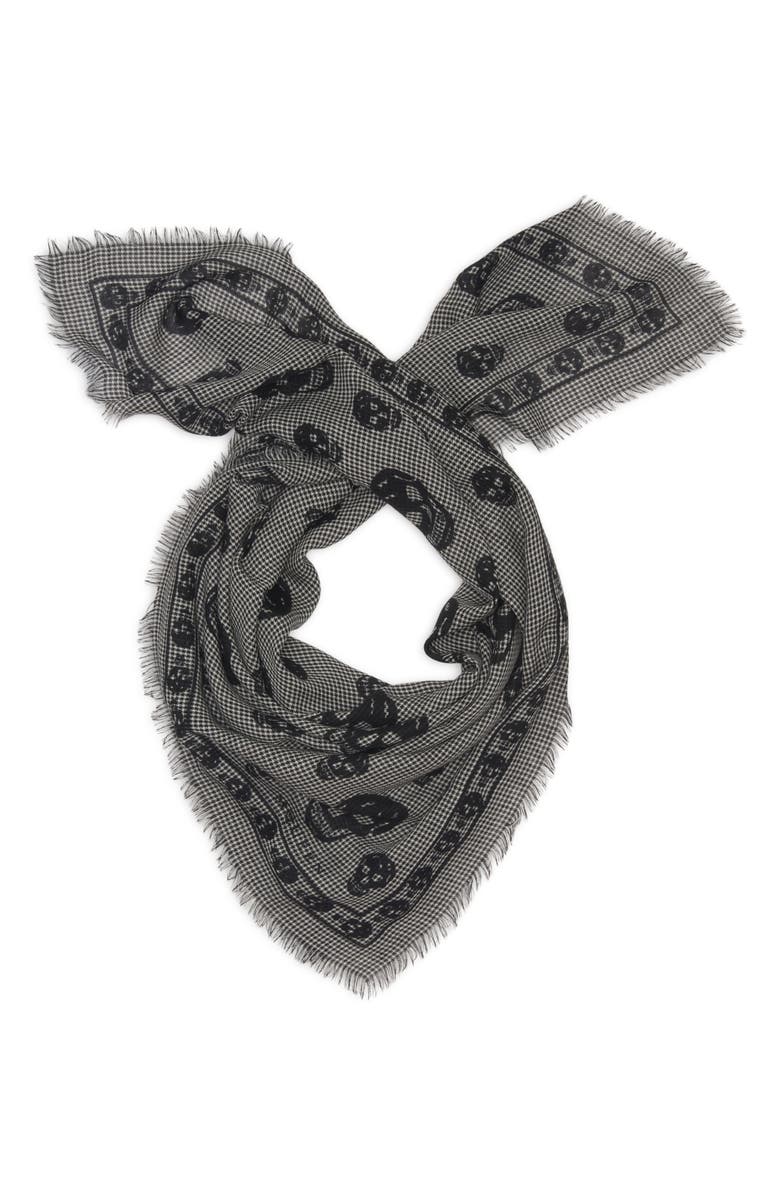McQueen Skull Houndstooth Wool & Silk Fringe Scarf, Alternate, color, Black/ Ivory