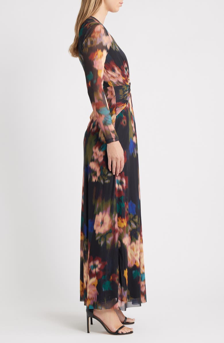Anne Klein Blurred Floral Twist Front Long Sleeve Mesh Maxi Dress, Alternate, color, Blurred Floating Flora
