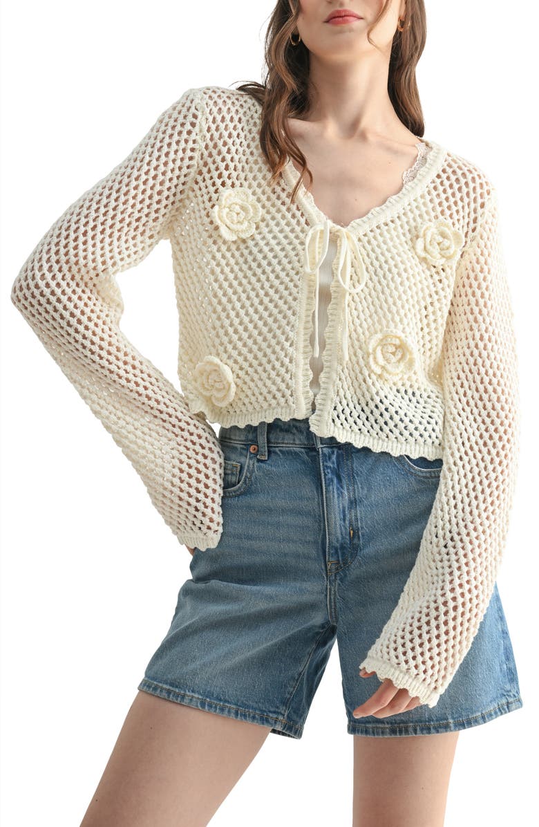 All in Favor Floral Appliqué Open Stitch Cotton Blend Cardigan, Main, color,