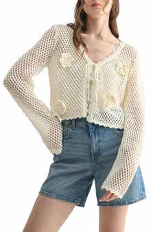 All in Favor Floral Appliqué Open Stitch Cotton Blend Cardigan