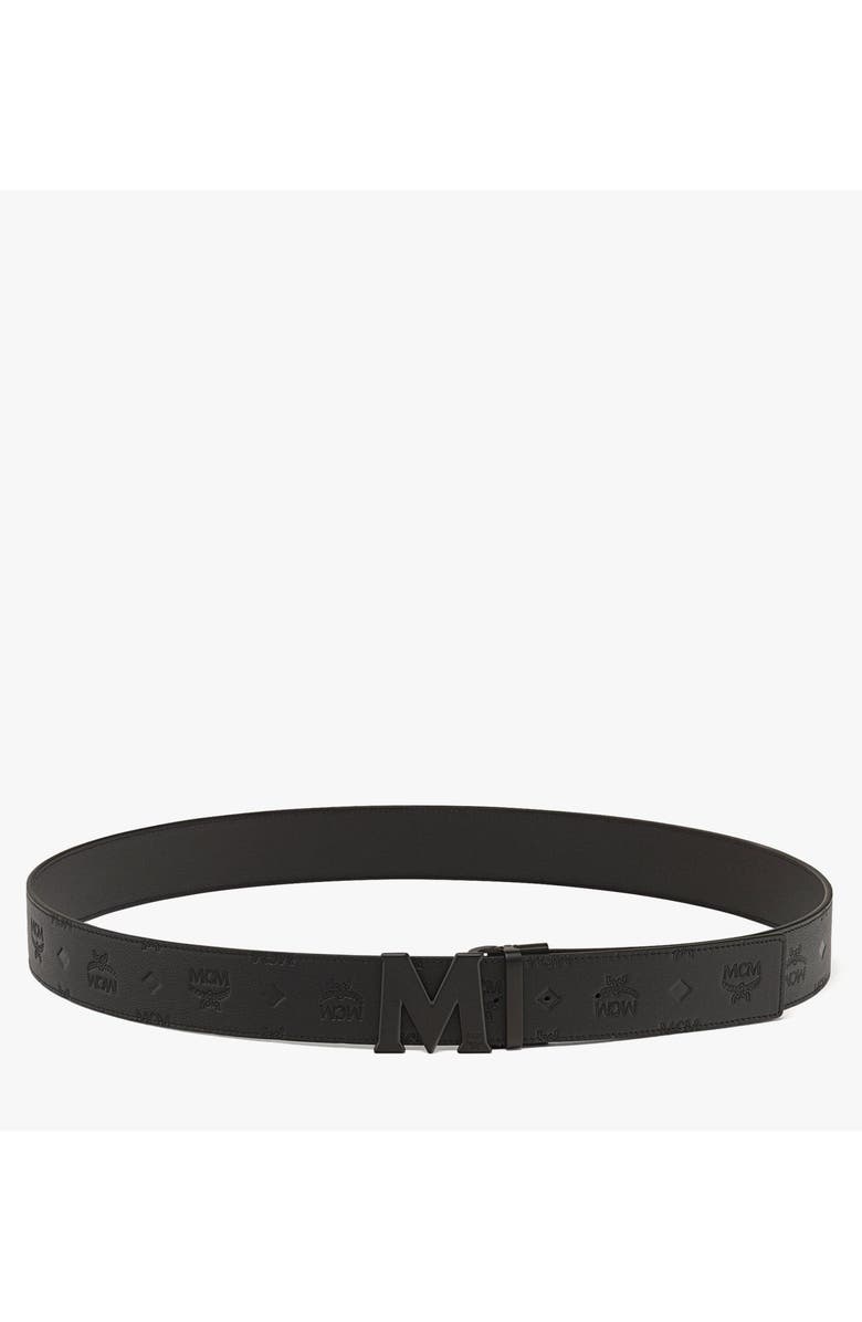 MCM Claus M Reversible Belt 1.75 in Embossed Monogram Leather, Alternate, color, Black / Matte Black