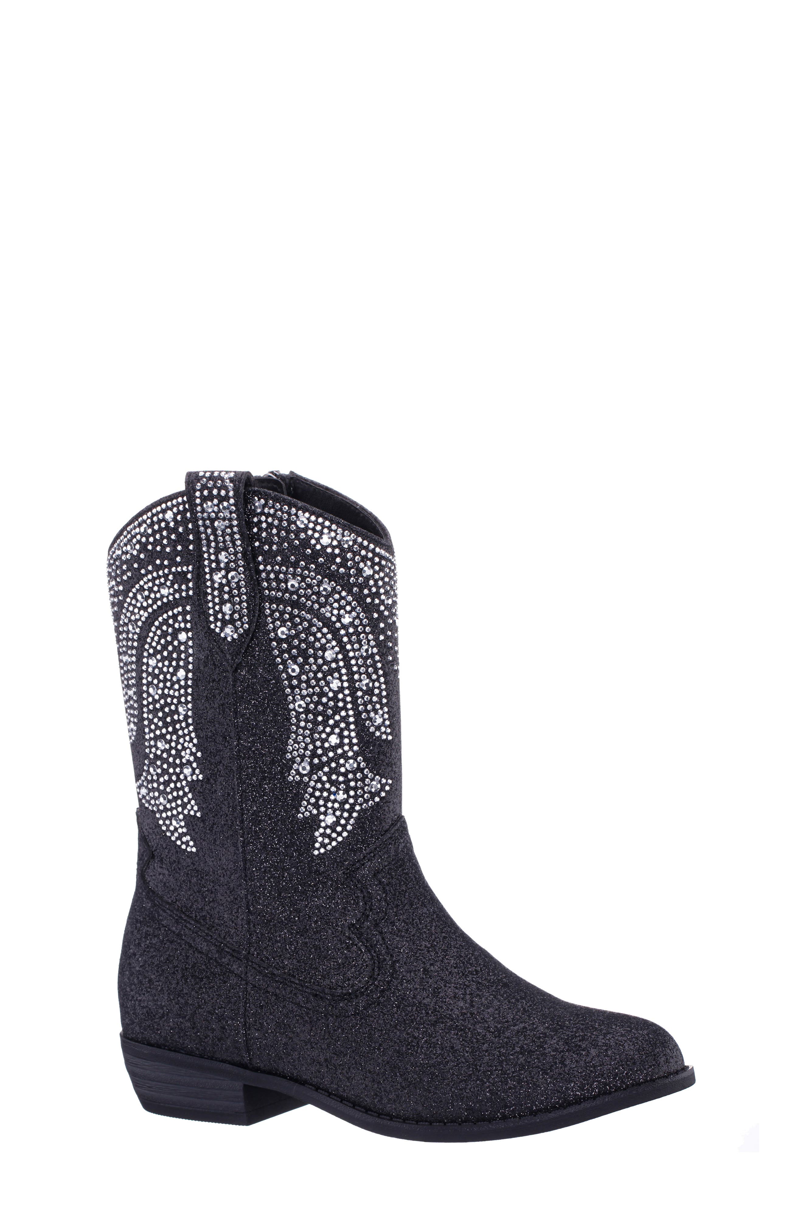 Nina Kids' Hawley Western Boot, Main, color, Black Glitter Stones