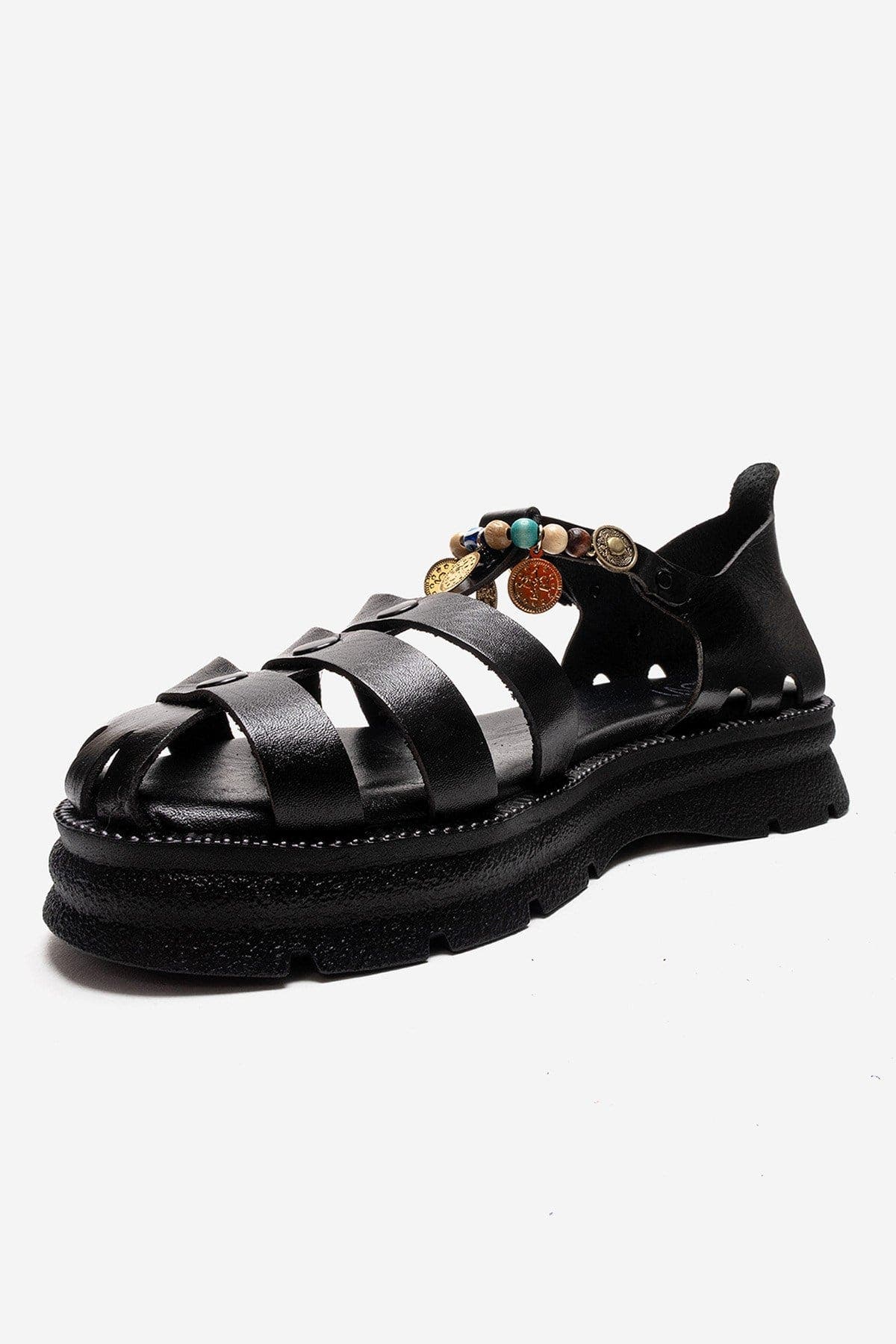 Forever & Always Shoes Solis Leather Beaded Sandal, Alternate, color, Black