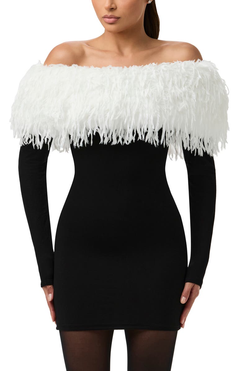 Naked Wardrobe Butter Faux Feather Trim Off the Shoulder Long Sleeve Minidress, Alternate, color, Black / White