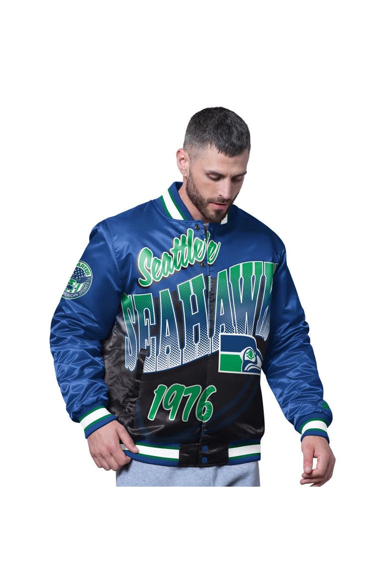 Men's Starter Royal Seattle Seahawks Pass Rush Varsity Full-Snap Jacket, Main, color, Royal