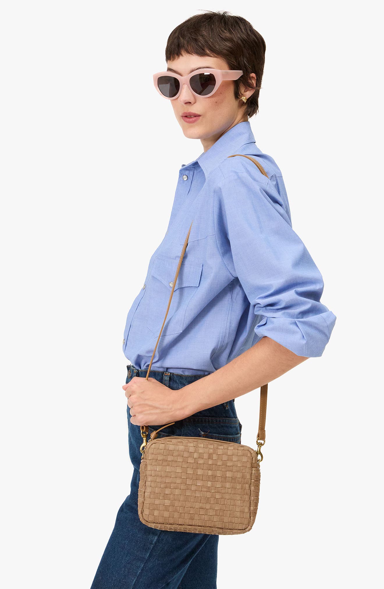 Clare V. Midi Sac Woven Leather & Suede Crossbody Bag, Alternate, color, 