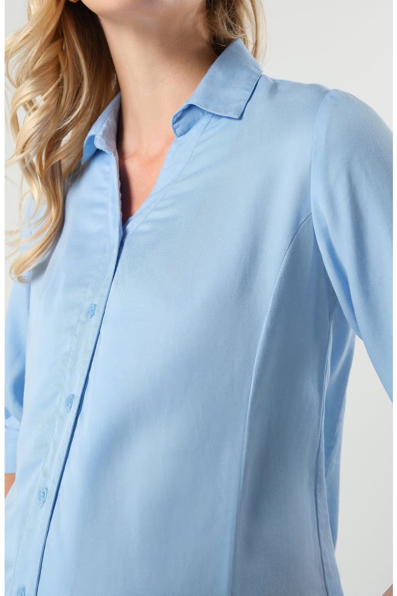 Women's Petite No-Gap 3/4 Sleeve Maternity & Nursing Button Down Shirt in with Bra Concealing Design in TENCEL, Alternate, color, Pale Blue