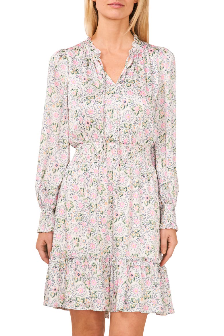 Floral Smocked Ruffle Long Sleeve Dress, Alternate, color, NEW IVORY