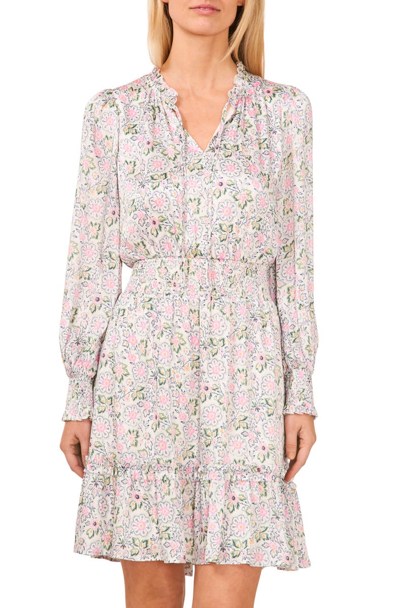 CeCe Floral Smocked Ruffle Long Sleeve Dress, Alternate, color, 