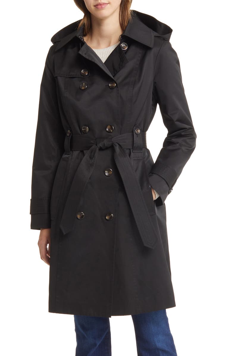 London Fog Belted Water Repellent Trench Coat with Removable Hood, Main, color, 